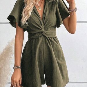 Chic Olive Green Romper with V-Neck and Waist Detail